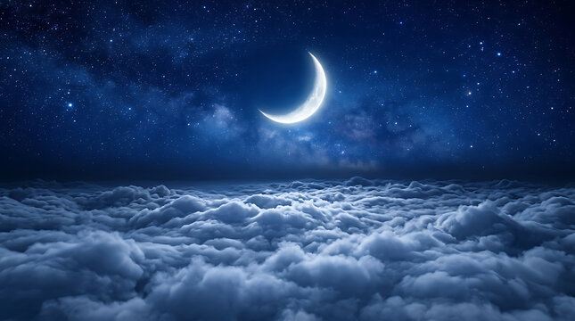 Crescent moon shining brightly above a vast sea of fluffy white clouds at night