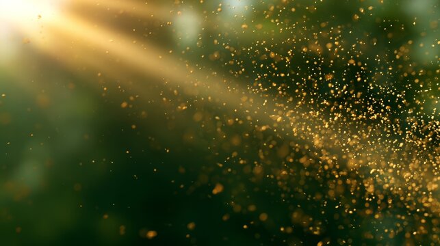 Golden dust particles floating in sunlight rays