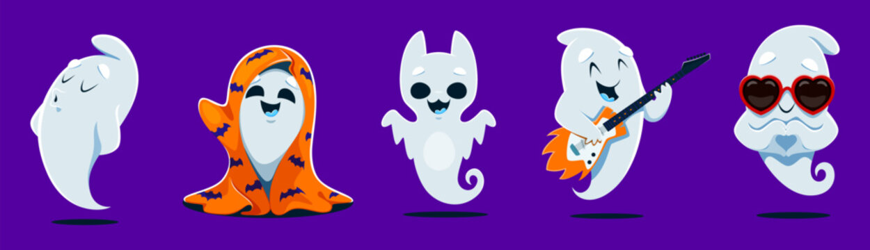 Cartoon cute kawaii ghost characters, Halloween spooky white phantom and scary spirit personages in funny sunglasses and bats blanket. Kawaii ghosts playing guitar, showing finger heart and whistling
