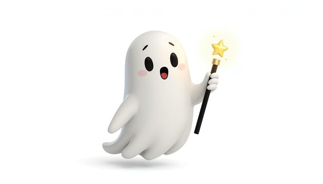 Cute 3d ghost holding a magic wand isolated on white