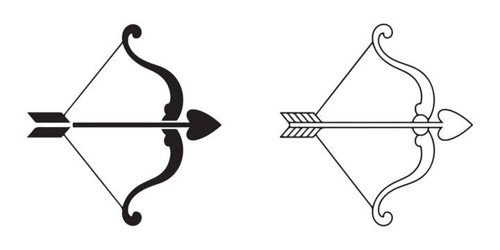 Black bow and arrow illustration with a striking silhouette and Bow and Archery Weapon Symbols in Black and White
