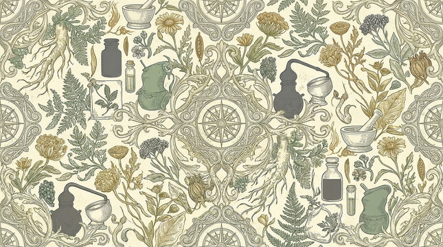Seamless vintage alchemical pattern with various medicinal plants, flasks, and compass roses, evoking ancient apothecary knowledge.