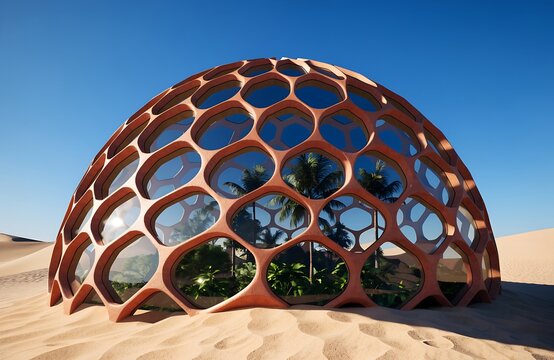 Futuristic biodome greenhouse with tropical oasis plants inside in desert sand landscape