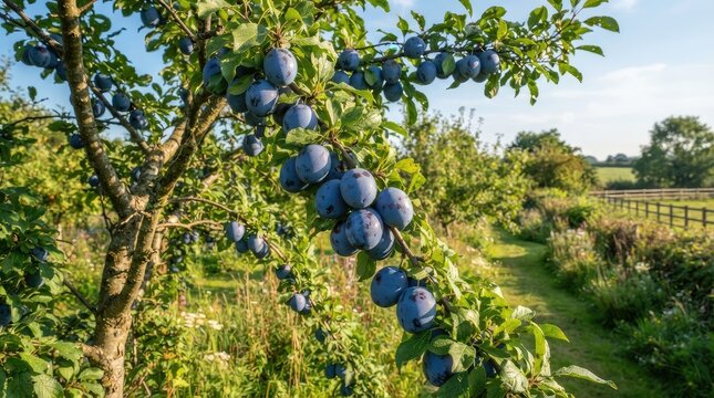 A plum tree laden with dark purple plums hangs heavy on its branches. The tree is situated in a lush, green orchard with a stone wall and a grassy path 