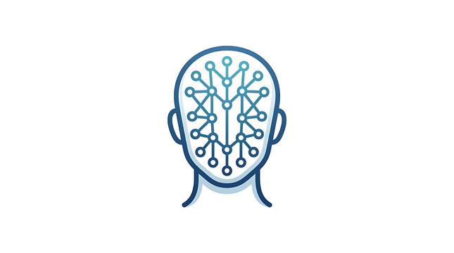 Artificial intelligence head icon with neural network nodes and digital brain connection.