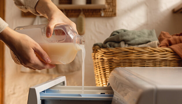 A warm, cozy laundry room scene captures the essential routine of household care. A person pours fragrant detergent into a washing machine, evoking feelings of cleanliness, order, and home comfort.