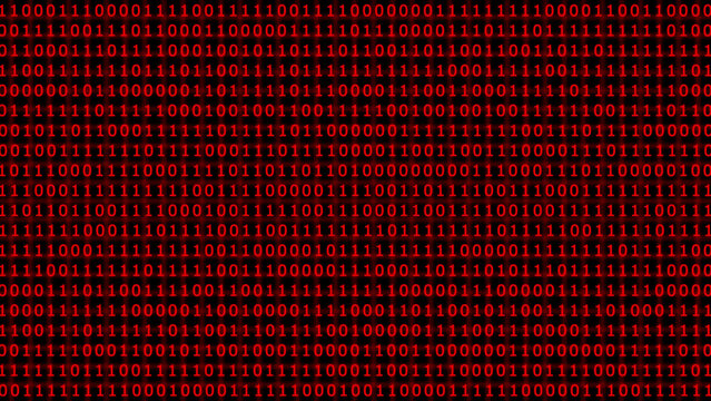 A dense matrix of binary code consisting of zeros and ones in a vibrant red color, displayed as a glowing digital pattern on a black field