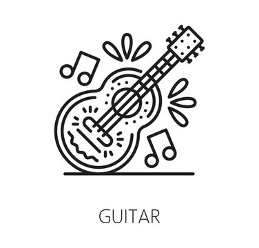 Guitar line icon of Mexican holiday and Mexico music instrument for fiesta celebration. Mexican guitar for traditional mariachi music, Latin festival or culture and ethnic musical tradition symbol