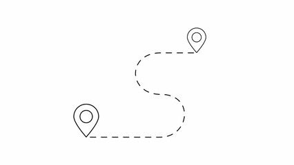 A simple black line showing a dotted path connecting two location pin markers on a clean white background, travel concept © Mst