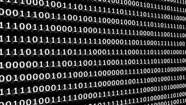 A perspective view of digital binary code with white ones and zeros on a black background, creating a sense of depth and data flow