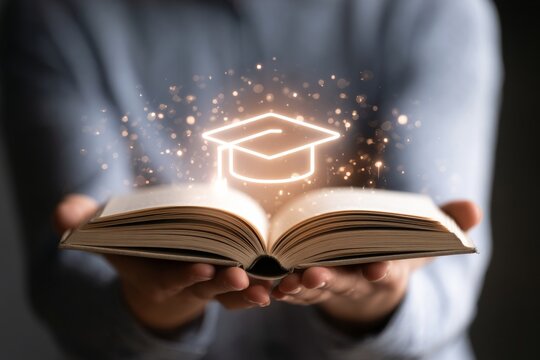 Hand holding book with glowing graduation cap icon