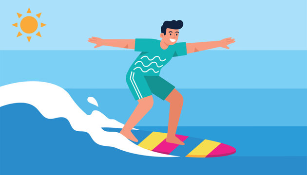 Man surfing on a large ocean wave on a sunny day wearing a colorful surfboard in a beautiful blue sea environment with bright sunshine.