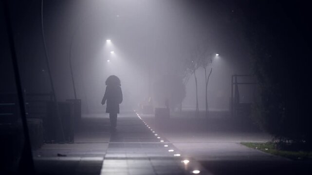 A woman walks down a street in the fog. The street is lit up by street lights and car headlights. The scene is dark and mysterious, with the fog adding to the sense of horror