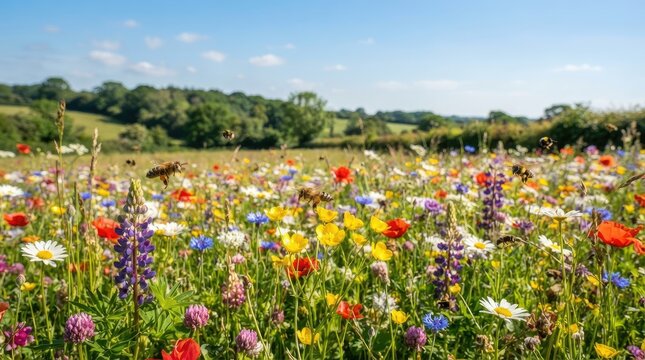 A vibrant wildflower meadow stretches across a rolling hillside under a clear blue sky. Colorful wildflowers, including daisies, lupins, poppies, and clovers, bloom 