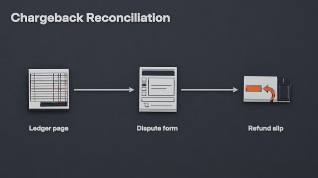 Chargeback reconciliation connects ledger reversals with dispute documentation, matches the statement and records the refund to close the case. Flat 3D style.