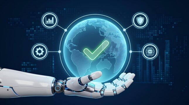 Robot hand holding glowing globe with checkmark and icons