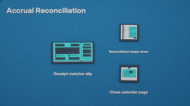 An accrued expense develops a variance after a chargeback, and reconciliation posts the correction, with the recommended approach emphasized. Flat 3D style.