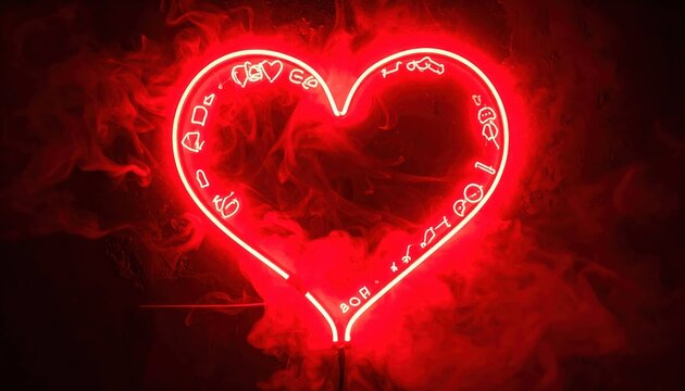 Glowing Red Neon Heart Sign with Inner Doodle Icons and Smoke Effect on Dark Background