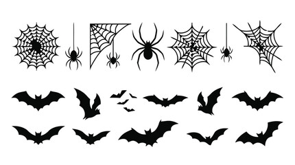Fototapeta premium Collection of black spider web silhouettes and various flying bat shapes isolated on a white background, for halloween themed, projects and seasonal, holiday decorations