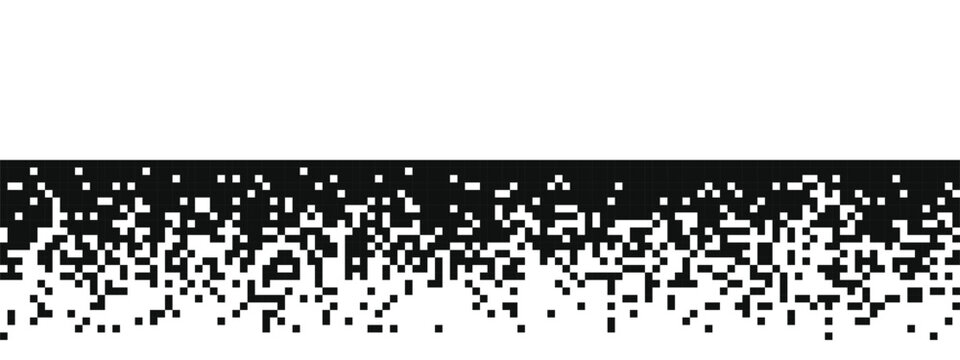 Black and white pixel halftone gradient, transition from solid dark block to scattered square dots on a clean white background