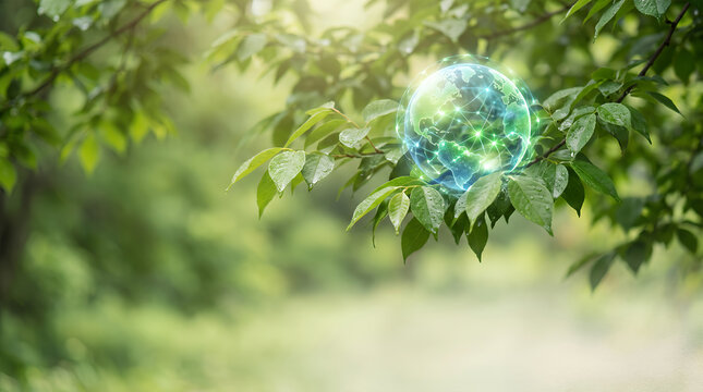Holographic earth globe network connection on green leaves background for environmental tech.