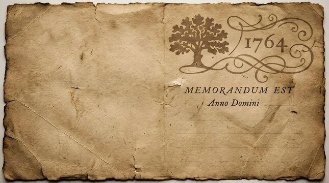Vintage Memorandum from 1764: An aged, textured piece of parchment featuring a detailed oak tree illustration and ornate script announcing Memorandum Est Anno Domini.