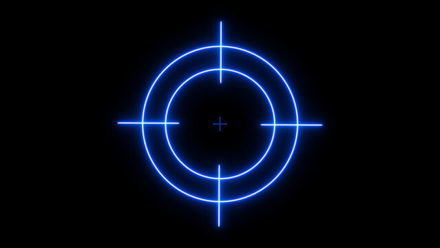 Glowing blue neon crosshair target scope on a dark black background, for digital motion, and gaming interface visual