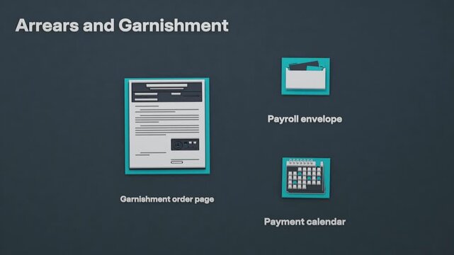 Garnishment is presented as the preferred recovery option after dunning and a missed covenant date, with an order directing payroll withholding until arrears decline. Flat 3D style.