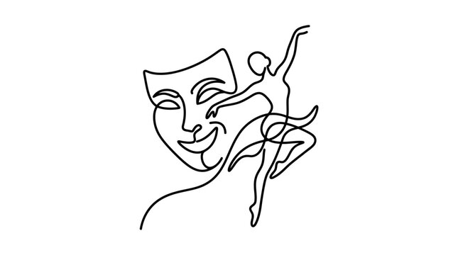 Theater mask and ballet dancer line art