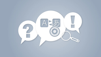 Translation and communication concept with speech bubbles, language icons, gear, and symbols on a blue background. Global dialogue and support solutions. © sh99