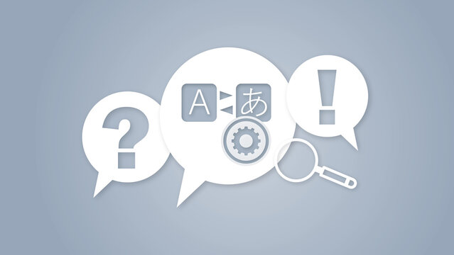 Translation and communication concept with speech bubbles, language icons, gear, and symbols on a blue background. Global dialogue and support solutions.