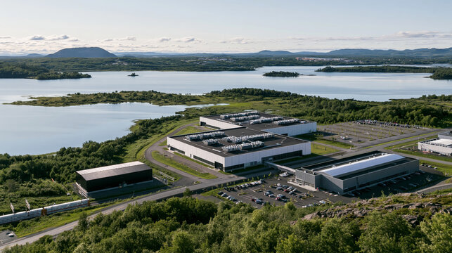 Data center campus beside lakes and wetland landscapes