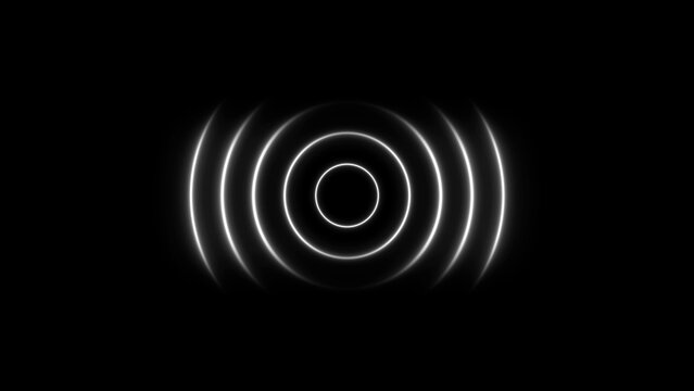 Glowing white neon concentric circular rings pulsating on a dark black background, for digital motion, and visual effects usage