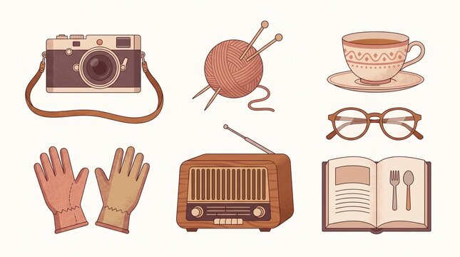 Vintage nostalgic everyday objects collection including camera radio and teacup