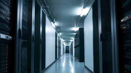 Obraz premium Long corridor of server racks in a modern data center with cool blue lighting and reflective floor