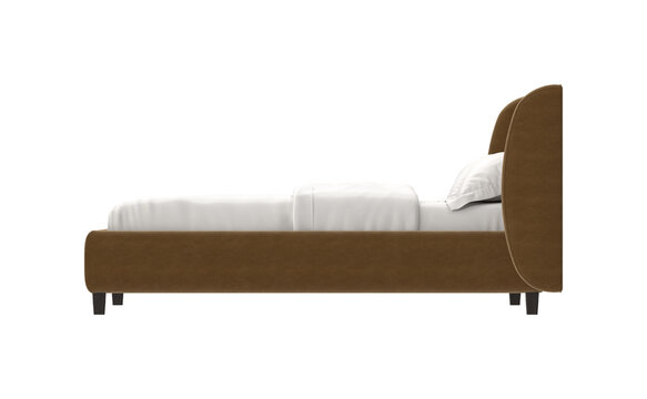 Modern upholstered bed with white linens and a single pillow on a white background