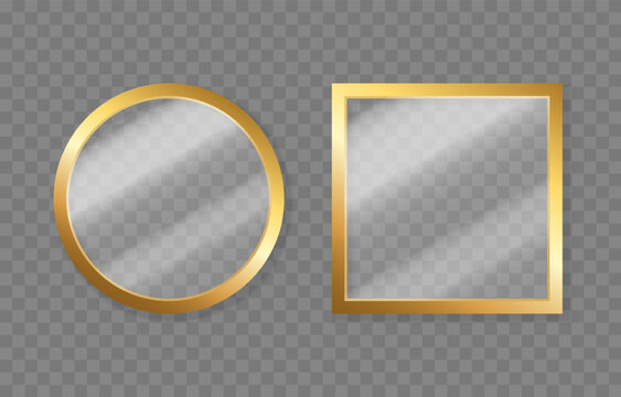 Set of luxury gold frames with glass inside. Glass with gold frames in different shapes and sizes PNG. Glass with reflective and shiny effect.