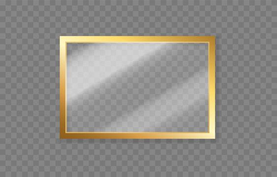 Luxury gold frame with glass inside. Glass with a rectangular gold frame PNG. Glass with reflective and shiny effect.