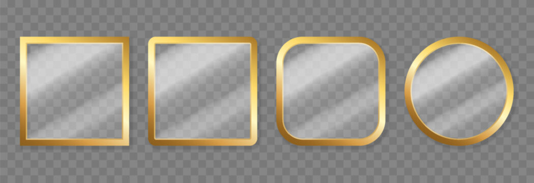 Set of luxury gold frames with glass inside. Glass with gold frames in different shapes and sizes PNG. Glass with reflective and shiny effect.
