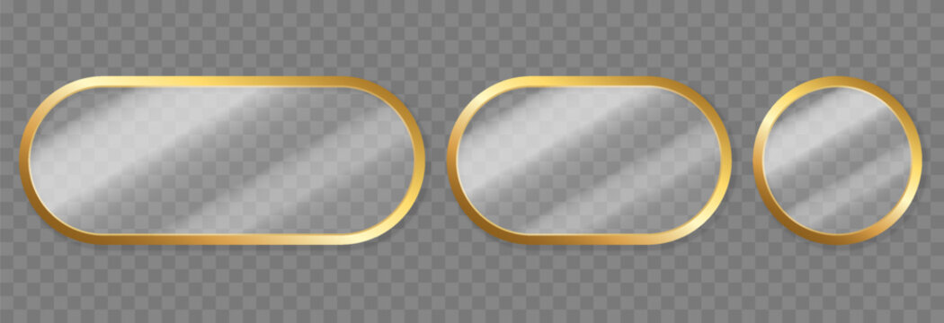 Set of luxury gold frames with glass inside. Glass with gold frames with rounded corners in different shapes and sizes PNG. Glass with reflective and shiny effect.