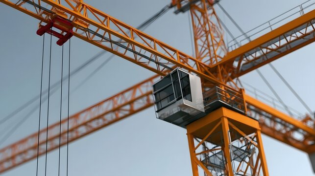 A towering orange construction crane with a glass enclosed operator cabin suspended against a clear sky