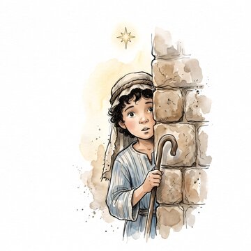 Shepherd boy peeking behind wall seeing guiding star