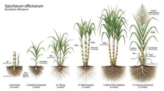 The image illustrates the growth stages of Saccharum officinarum, commonly known as Miscanthus, a tall grass species. It displays