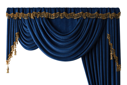 Elegant deep ocean blue velvet curtain with gold fringe and tassels for luxurious event decor