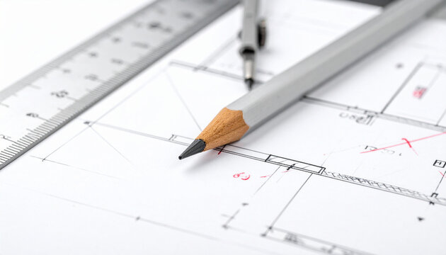 Closeup of a pencil, metal ruler, and compass on architectural blueprints. Nobody is present. This professional workspace image evokes precision, engineering focus, and meticulous creative planning.