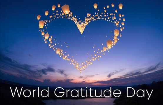 Heart shaped lanterns glowing in twilight sky above serene landscape with water and hills, symbolizing World Gratitude Day celebration, unity and appreciation generated ai
