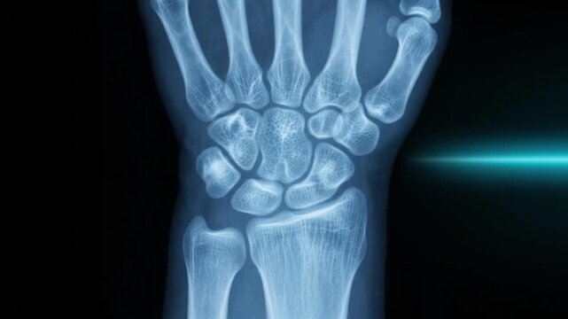 Close up X ray of a healthy human wrist revealing intricate bone structure and joints against a dark background
