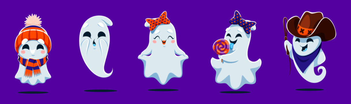 Cartoon kawaii Halloween ghosts, spooky phantom and cute spirit characters. Funny white ghosts in Halloween costume with cowboy hat and whip, kawaii phantoms with hair bow and lollipop, beanie, scarf