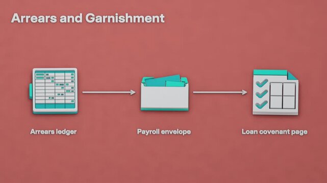 An arrears ledger, payroll withholding slip and loan covenant lay out how delinquent debt leads to wage garnishment until the balance falls. Flat 3D style.