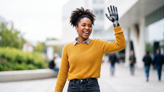 Person with prosthetic hand waving, Young black woman waving with prosthetic hand outdoors in city  
